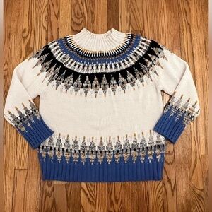 NWT  Mens Pullover Sweater S XL Aztec Blue and White Mock Neck